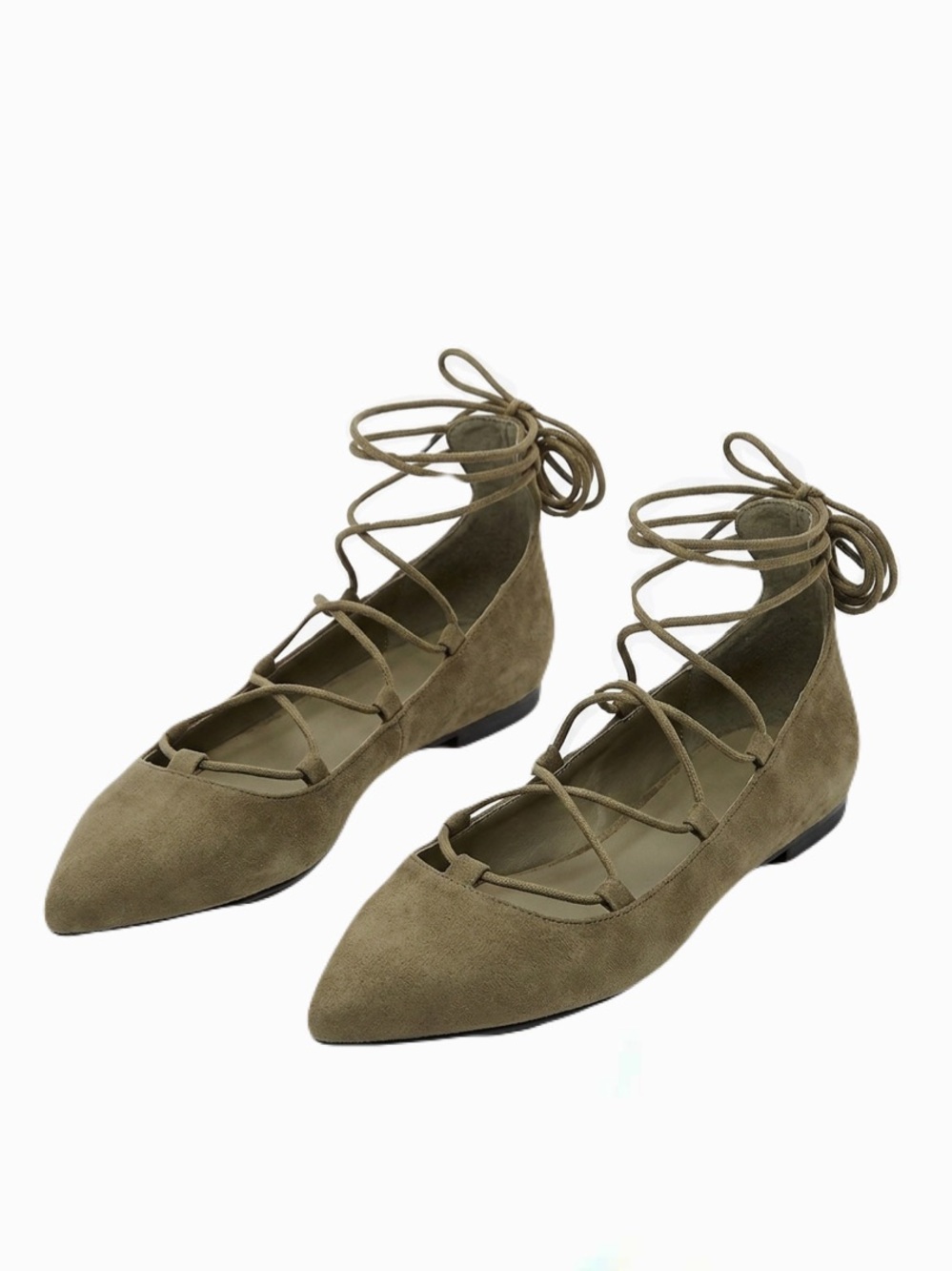 Old Navy Balletcore Woman’s Olive Suade Green Gold Hardware Tie Up Flats Size 8
